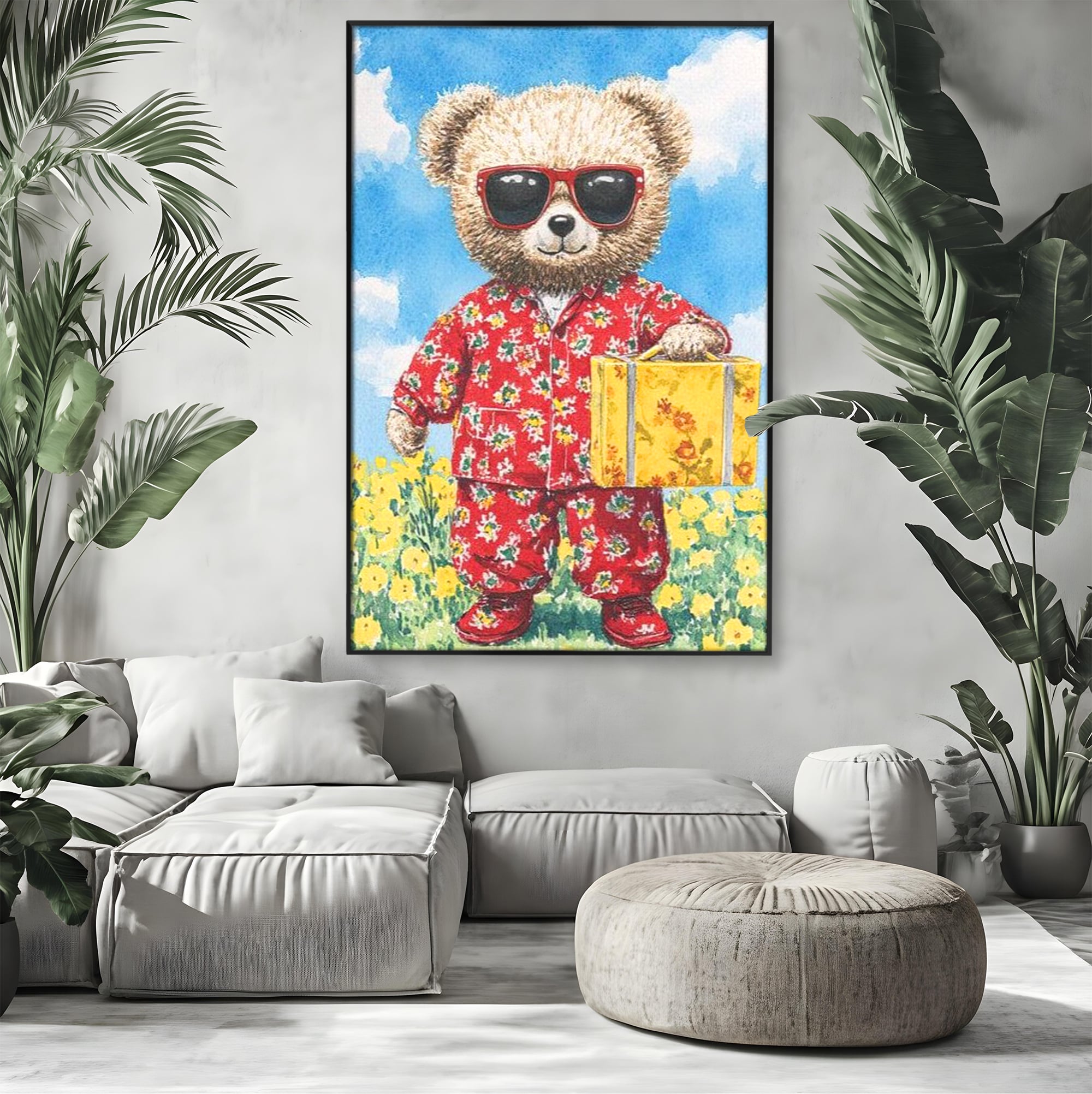 Tablou canvas cu tablou canvas cu ursulet in pijamale, in rama de aluminiu negru, pe perete intr-un living